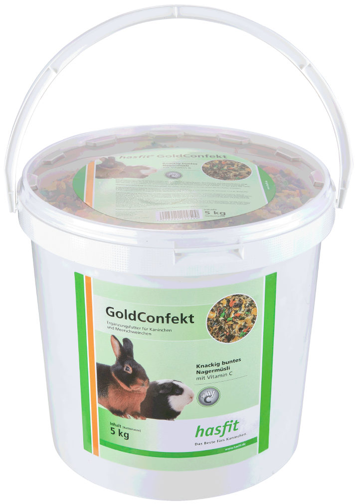 Eimer Weißer Eimer mit buntem Ergänzungsfutter für Kaninchen und Meerschweinchen, 5 kg.